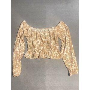 WAYF Paisley Off Shoulder Crop Top‎ Size L Boho Long Sleeve Blouse
